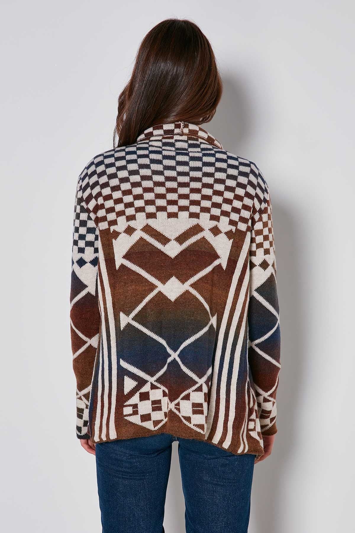 GEOMETRIC PATTERN SHAWL COLLAR KNITTED CARDIGAN