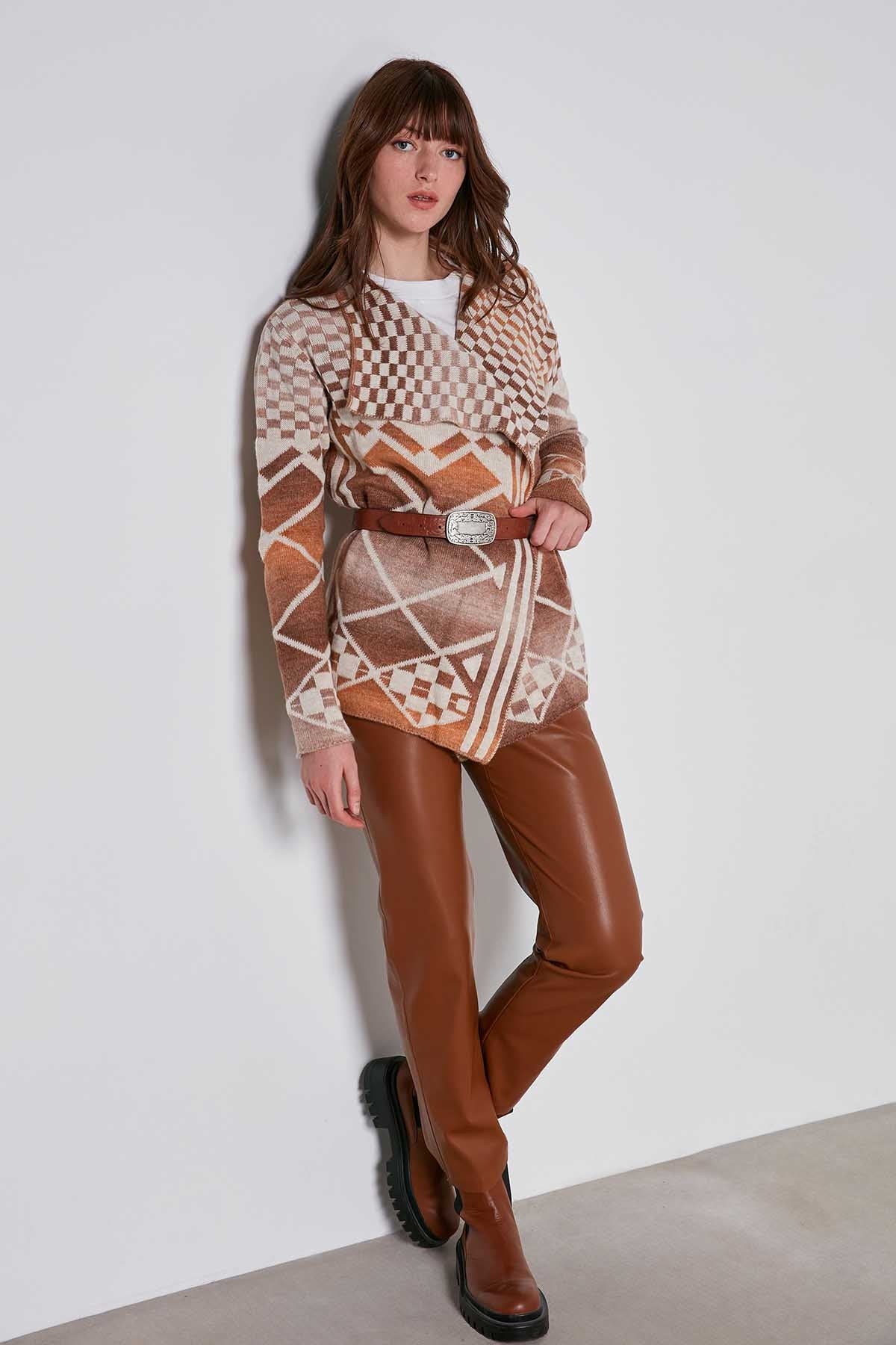 GEOMETRIC PATTERN SHAWL COLLAR KNITTED CARDIGAN