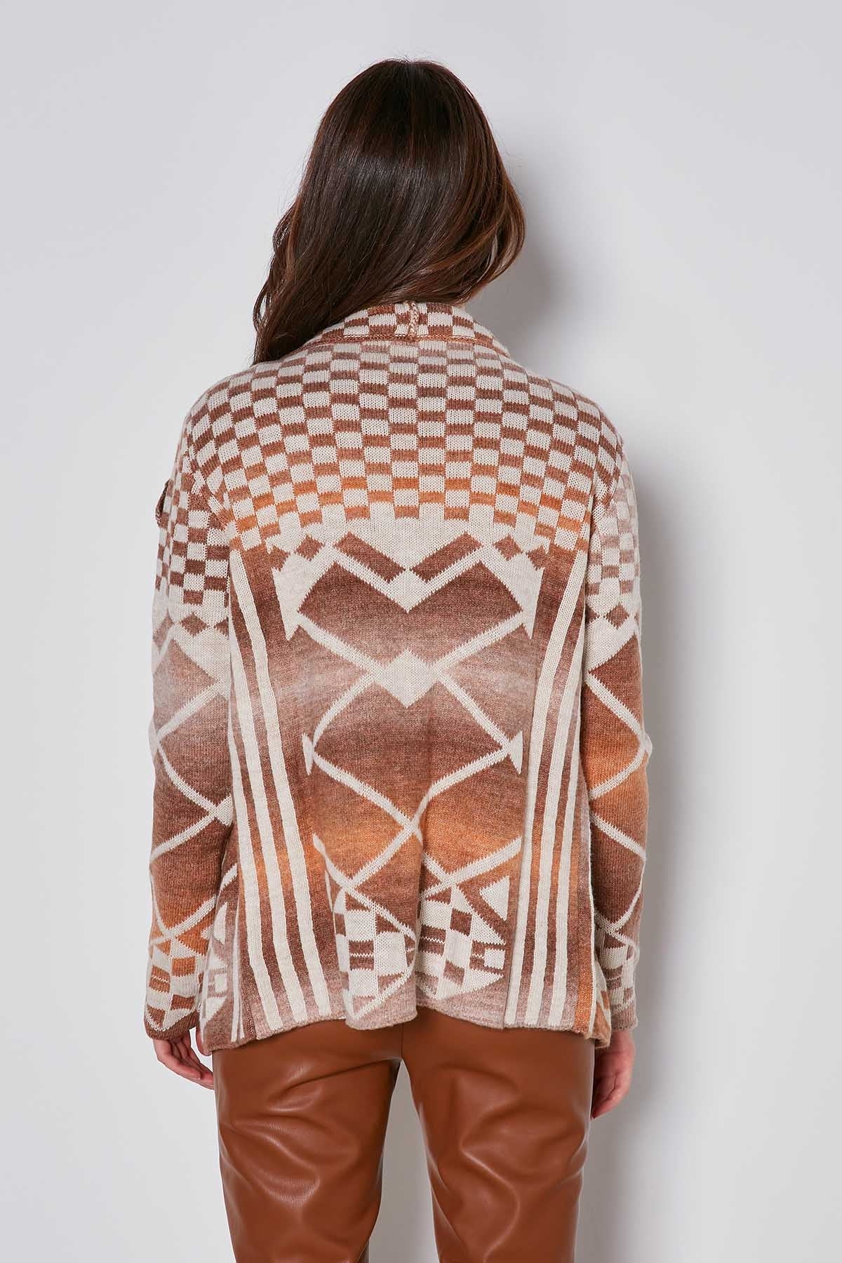 GEOMETRIC PATTERN SHAWL COLLAR KNITTED CARDIGAN