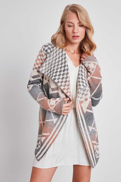 GEOMETRIC PATTERN SHAWL COLLAR KNITTED CARDIGAN