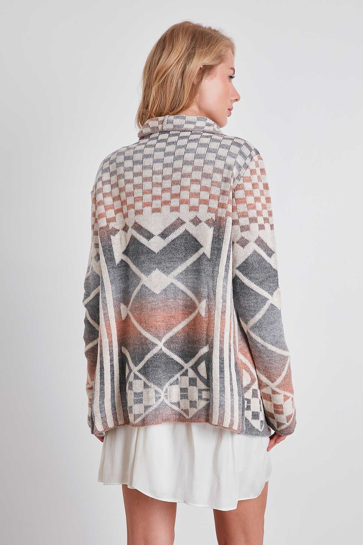 GEOMETRIC PATTERN SHAWL COLLAR KNITTED CARDIGAN