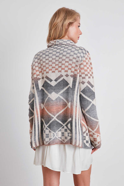 GEOMETRIC PATTERN SHAWL COLLAR KNITTED CARDIGAN