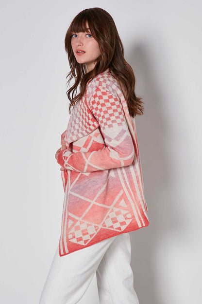 GEOMETRIC PATTERN SHAWL COLLAR KNITTED CARDIGAN