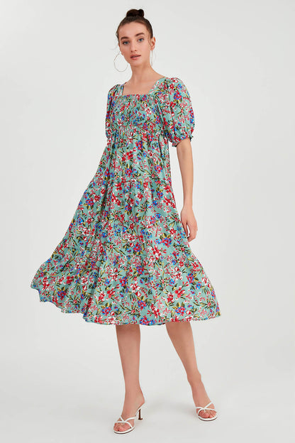 COILED LOOSE SLEEVE FLOWER DRESS