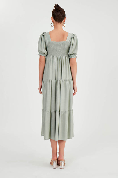PUFF SLEEVE TIERED LONG DRESS
