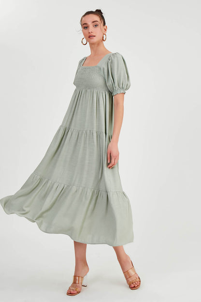 PUFF SLEEVE TIERED LONG DRESS