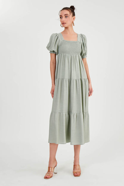 PUFF SLEEVE TIERED LONG DRESS