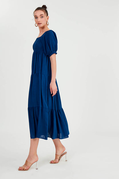PUFF SLEEVE TIERED LONG DRESS