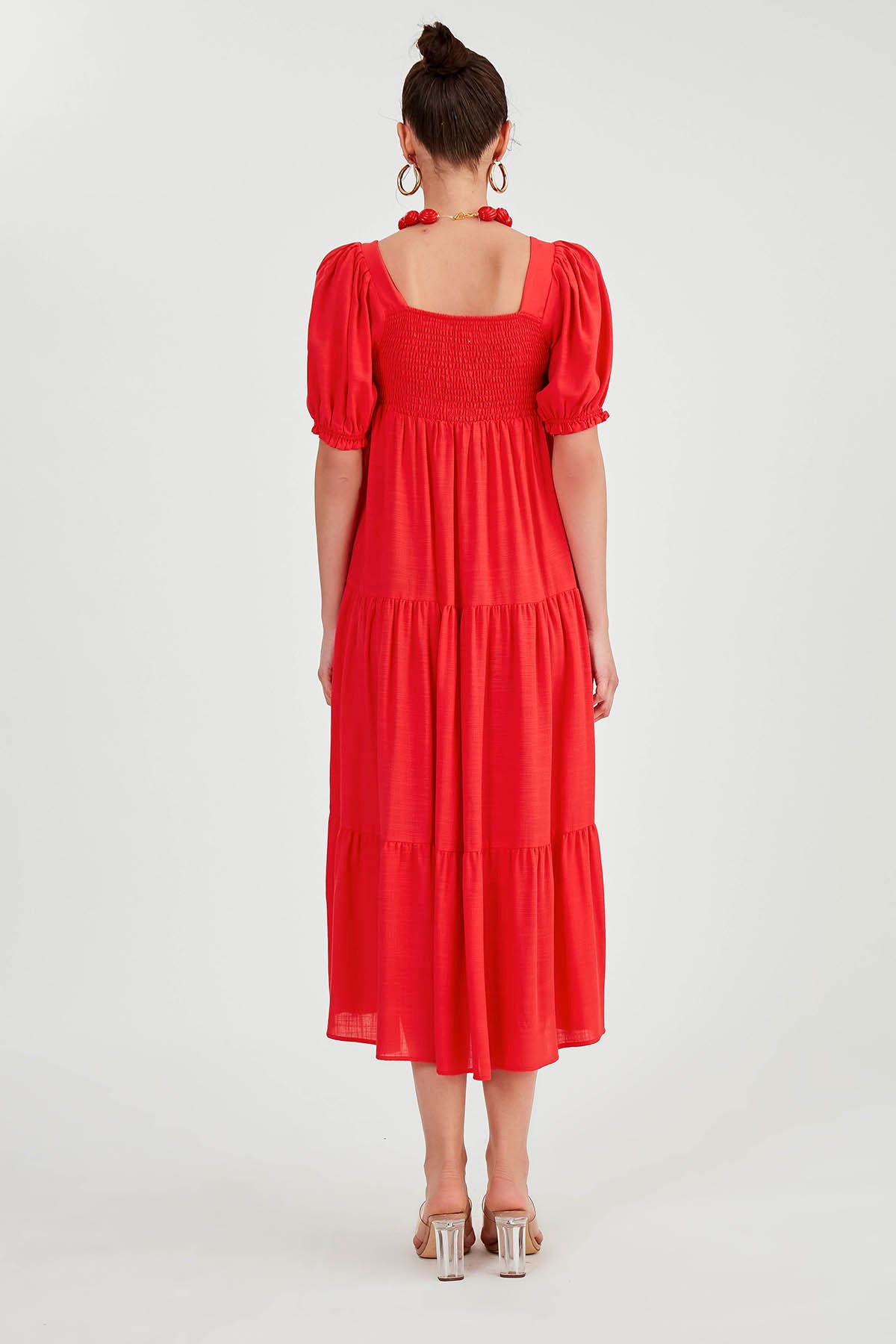 PUFF SLEEVE TIERED LONG DRESS