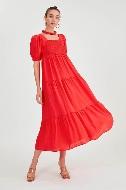 PUFF SLEEVE TIERED LONG DRESS