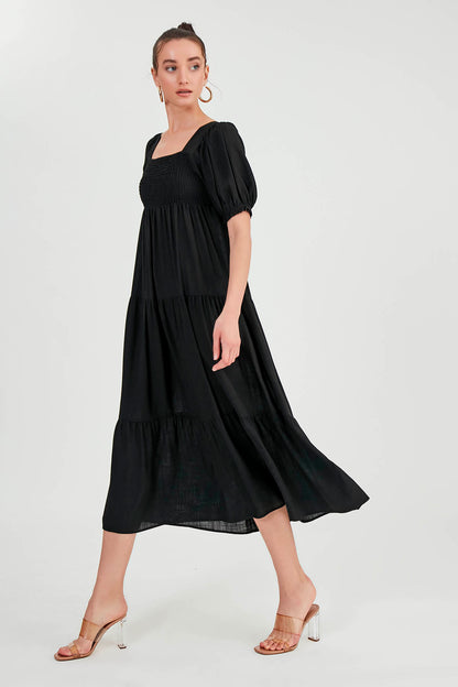 PUFF SLEEVE TIERED LONG DRESS