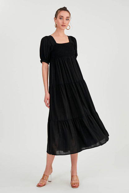 PUFF SLEEVE TIERED LONG DRESS