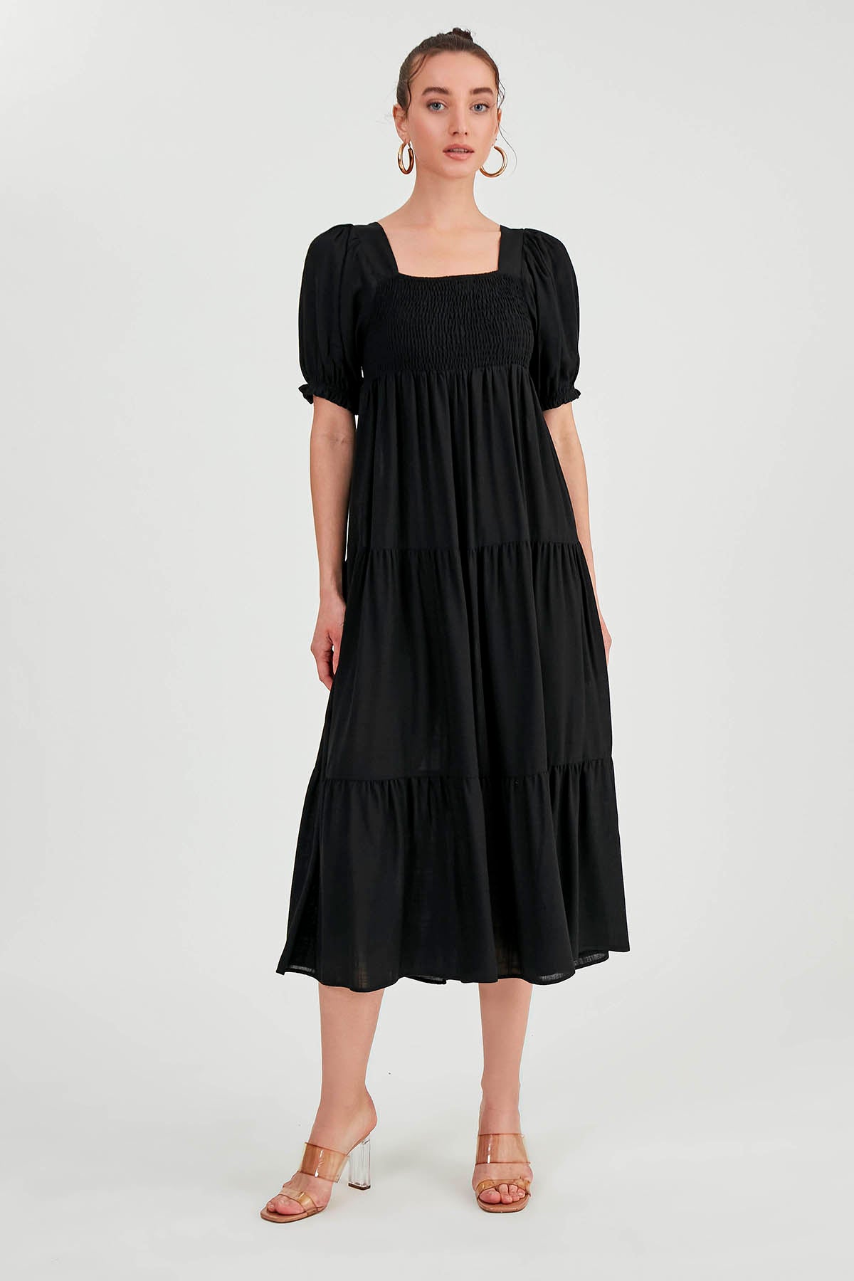 PUFF SLEEVE TIERED LONG DRESS