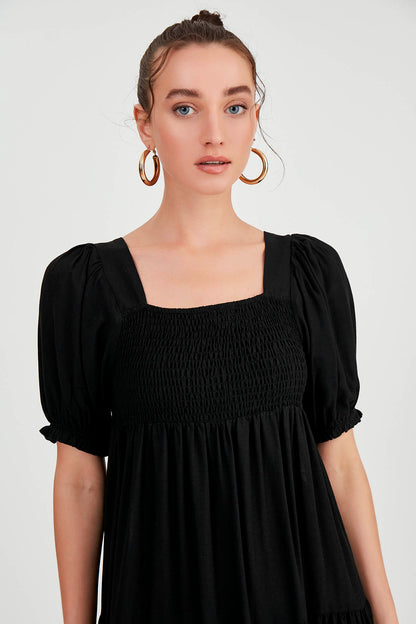 PUFF SLEEVE TIERED LONG DRESS
