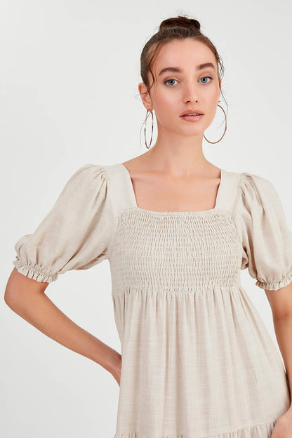 PUFF SLEEVE TIERED LONG DRESS