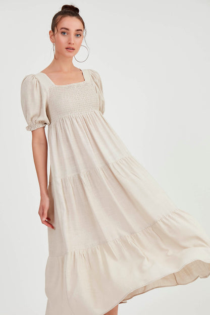 PUFF SLEEVE TIERED LONG DRESS