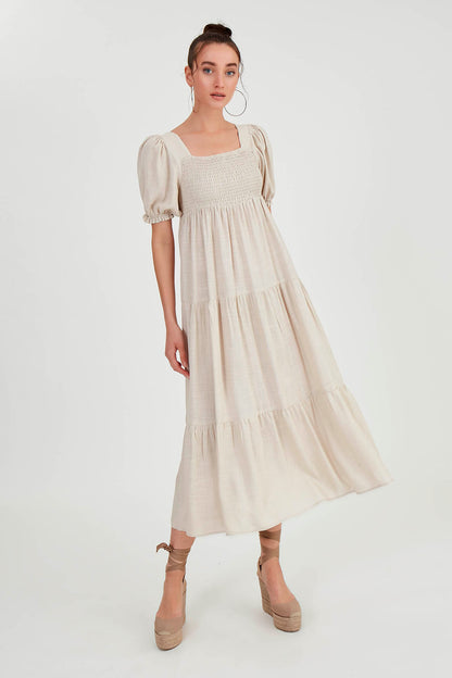 PUFF SLEEVE TIERED LONG DRESS