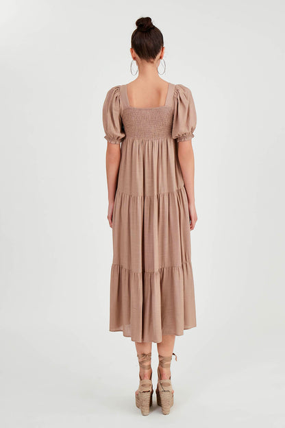 PUFF SLEEVE TIERED LONG DRESS