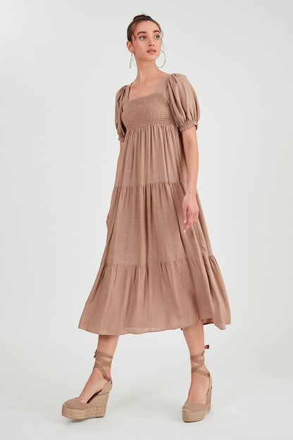 PUFF SLEEVE TIERED LONG DRESS