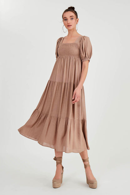 PUFF SLEEVE TIERED LONG DRESS
