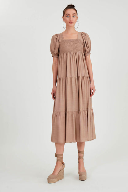 PUFF SLEEVE TIERED LONG DRESS
