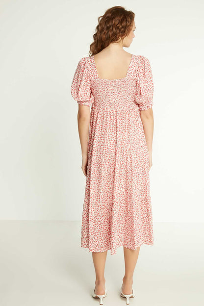 LONG DRESS WITH COILED SLEEVES AND FLORAL PATTERN