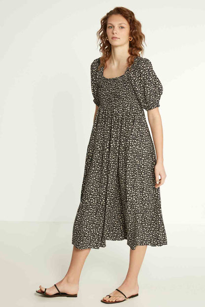 LONG DRESS WITH COILED SLEEVES AND FLORAL PATTERN