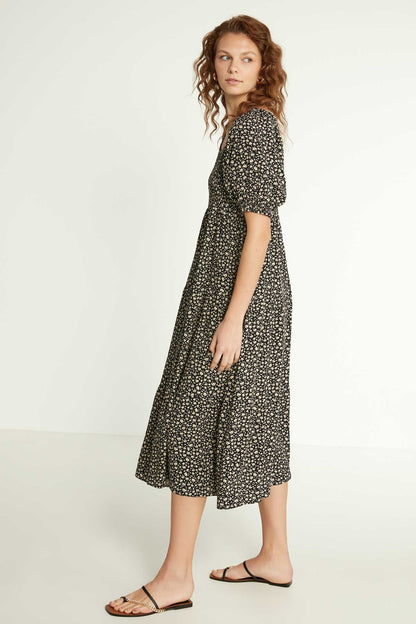 LONG DRESS WITH COILED SLEEVES AND FLORAL PATTERN