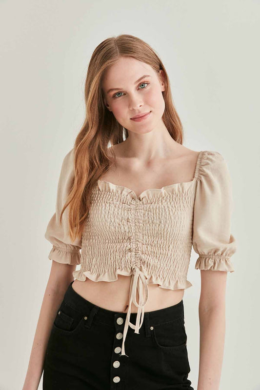 COILED FRONT DRAWSTRING TROJAN SLEEVE BLOUSE