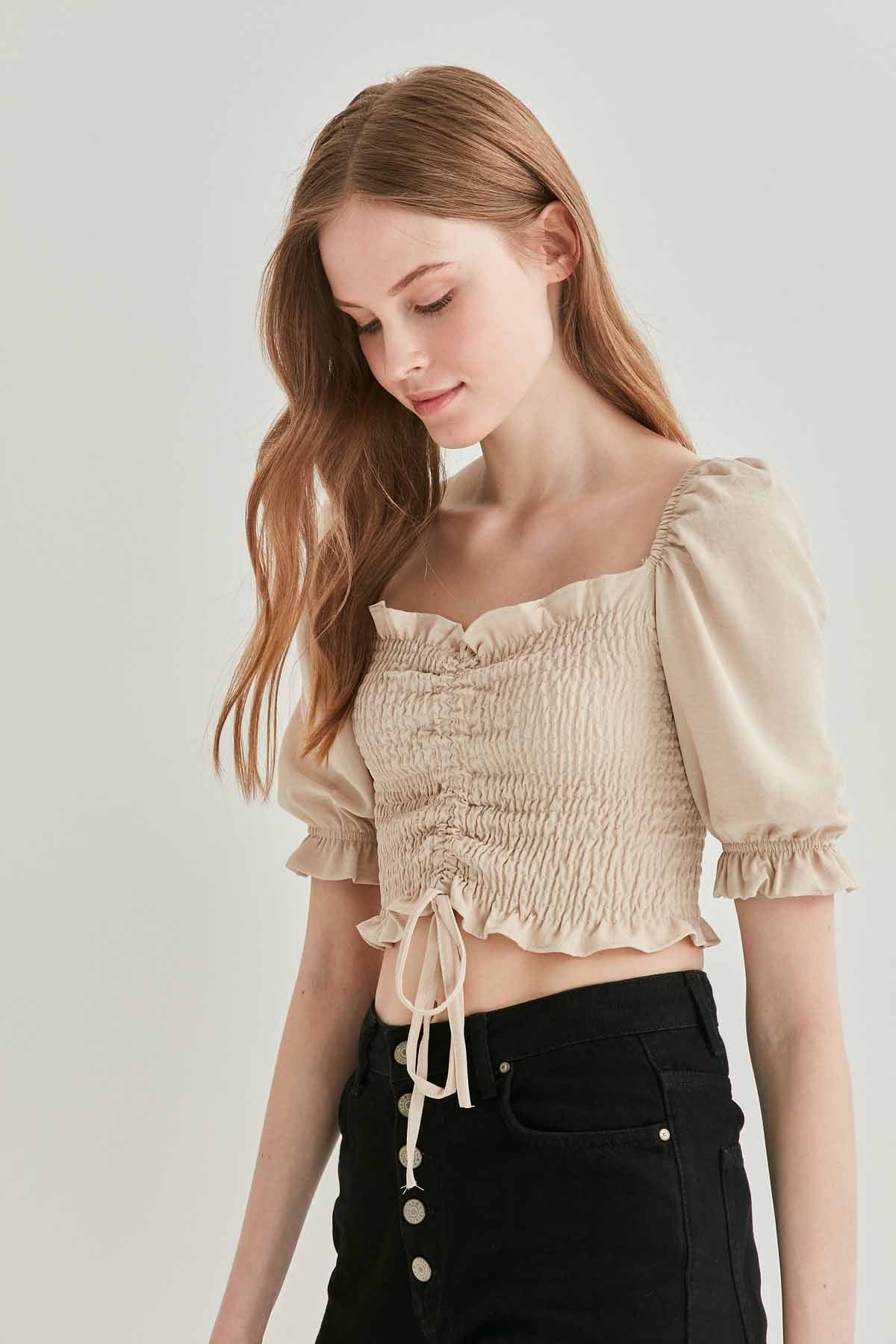 COILED FRONT DRAWSTRING TROJAN SLEEVE BLOUSE