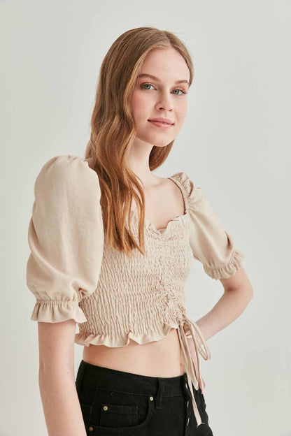 COILED FRONT DRAWSTRING TROJAN SLEEVE BLOUSE