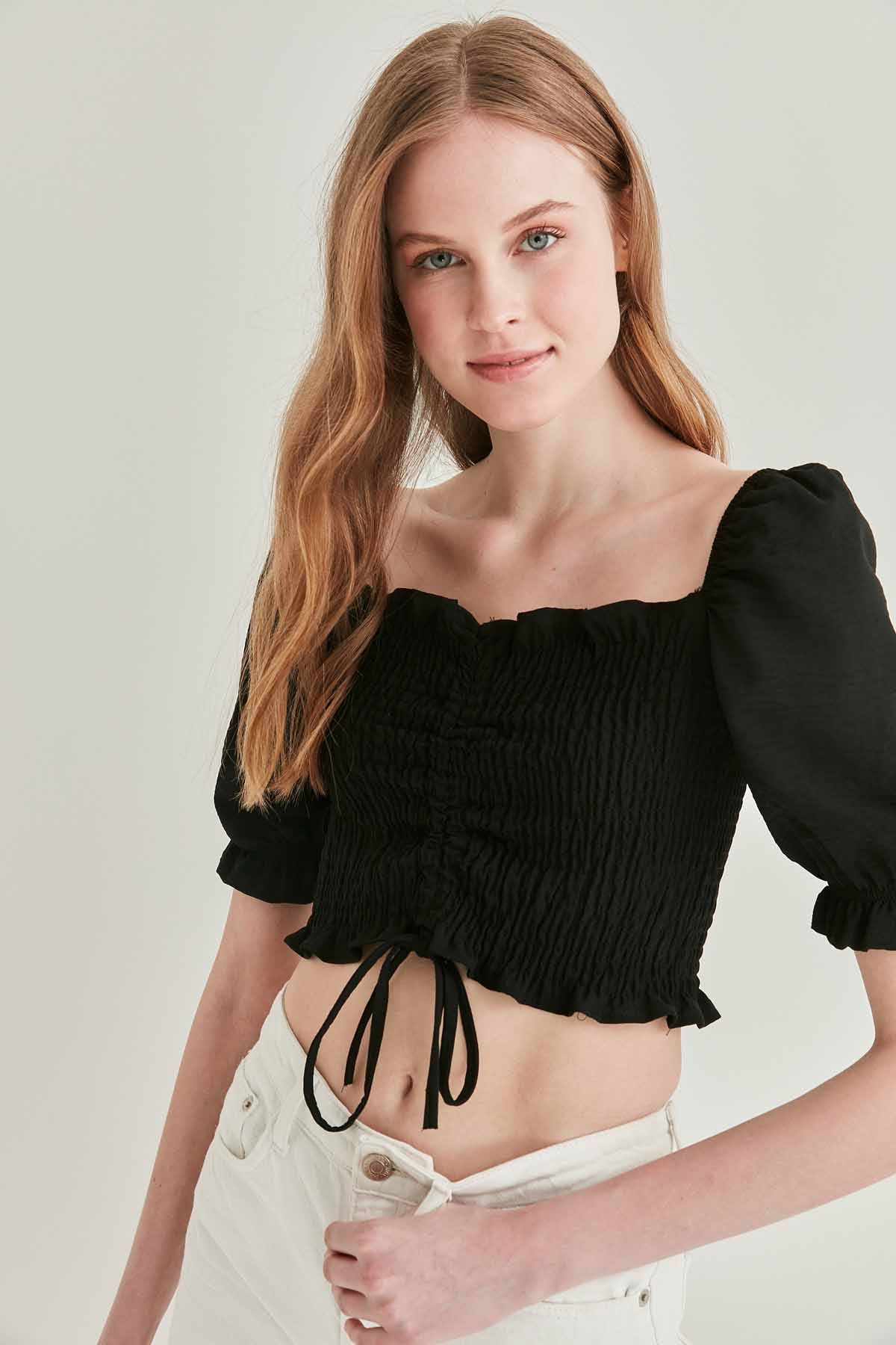 COILED FRONT DRAWSTRING TROJAN SLEEVE BLOUSE