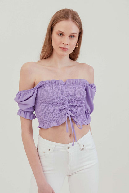 COILED FRONT DRAWSTRING TROJAN SLEEVE BLOUSE