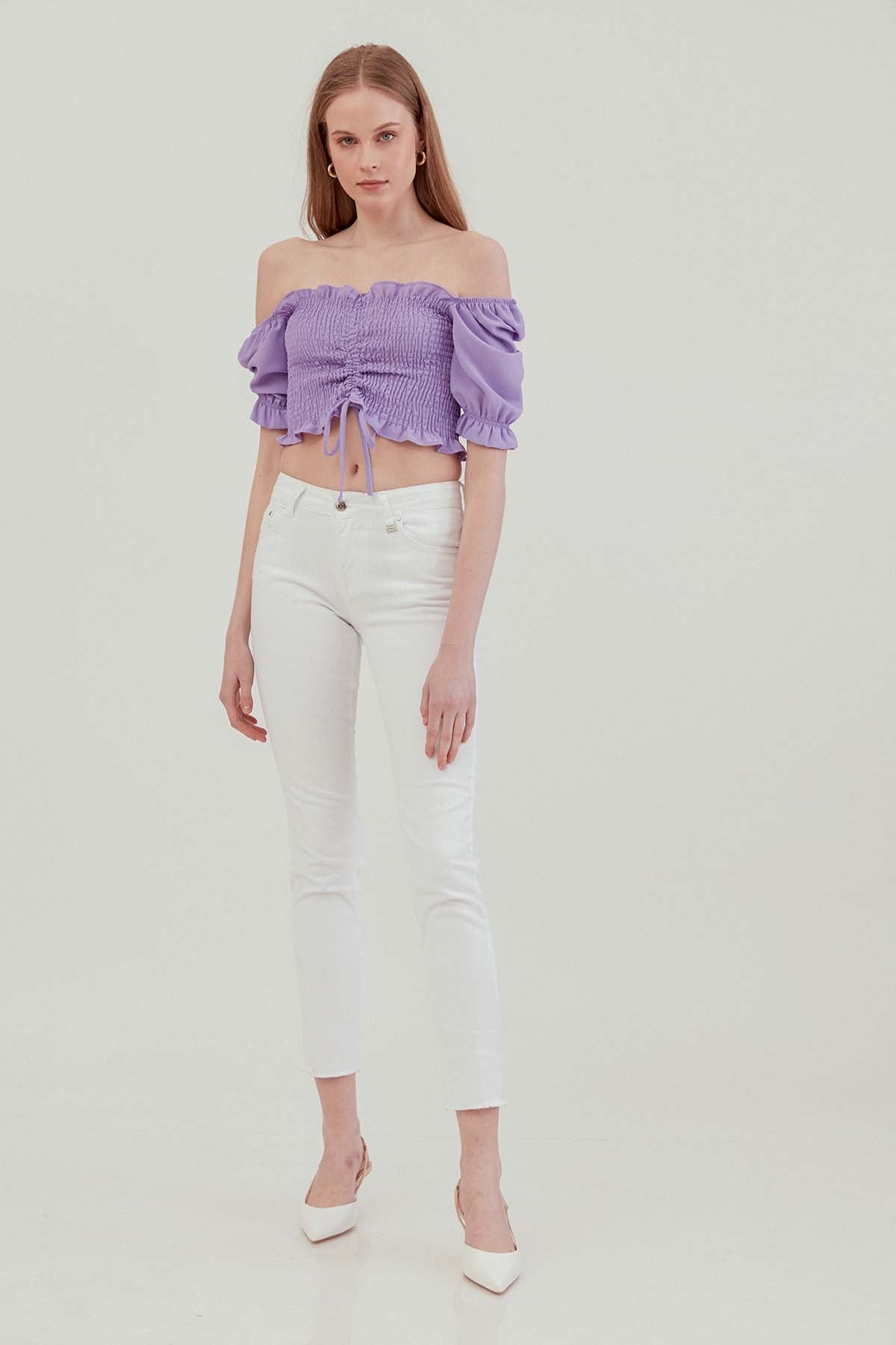 COILED FRONT DRAWSTRING TROJAN SLEEVE BLOUSE