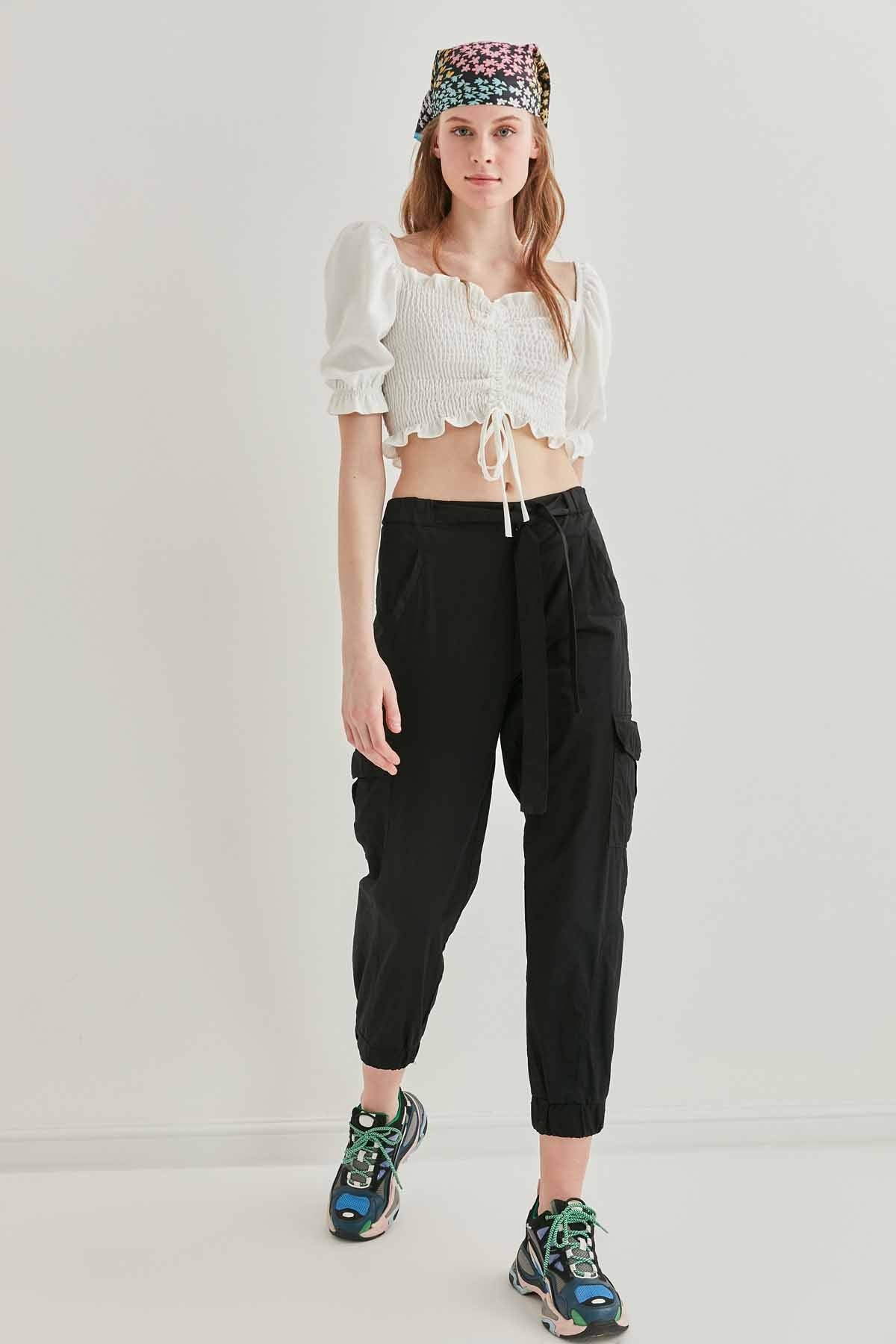 COILED FRONT DRAWSTRING TROJAN SLEEVE BLOUSE