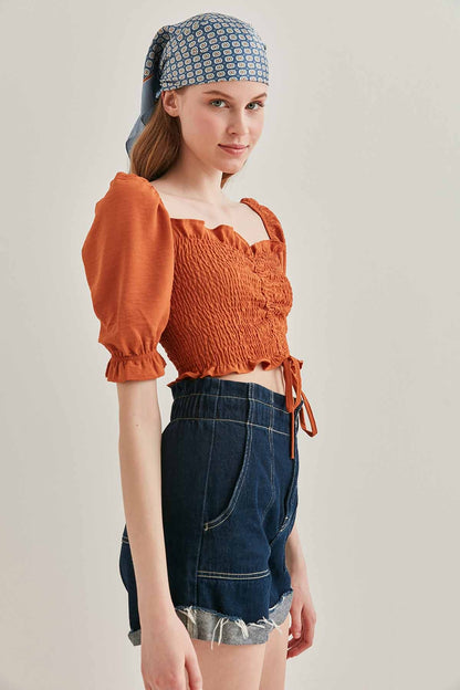 COILED FRONT DRAWSTRING TROJAN SLEEVE BLOUSE