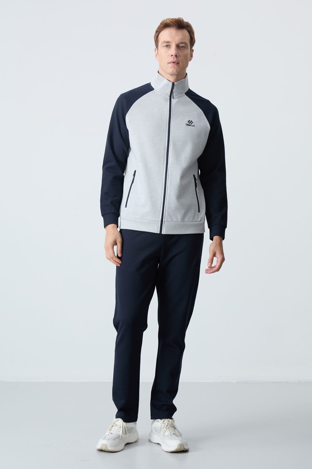 Navy Blue Thick Collar Two-Tone Comfort Fit Classic Hem Men's Tracksuit Set - 85113
