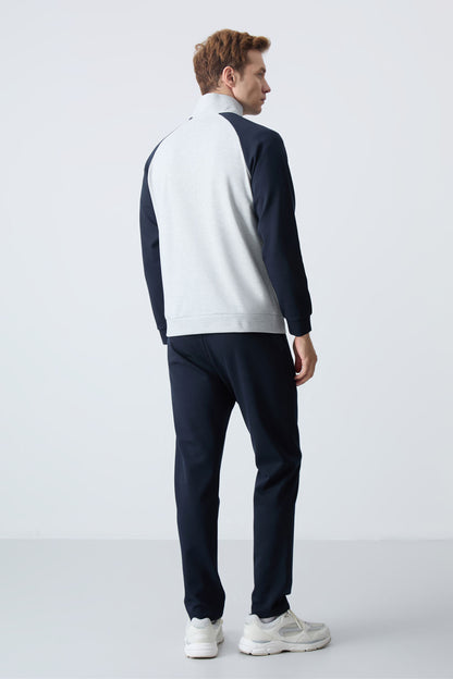 Navy Blue Thick Collar Two-Tone Comfort Fit Classic Hem Men's Tracksuit Set - 85113