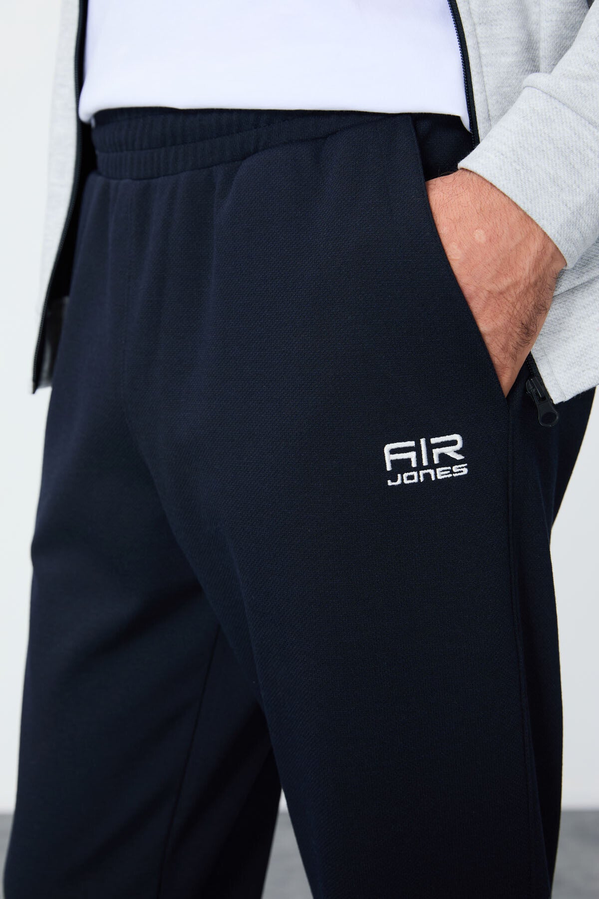 Navy Blue-Green Textured Surface Standard Fit Embroidered Men's Tracksuit Set - 85248