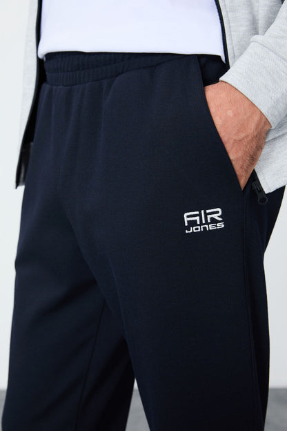 Navy Blue-Green Textured Surface Standard Fit Embroidered Men's Tracksuit Set - 85248