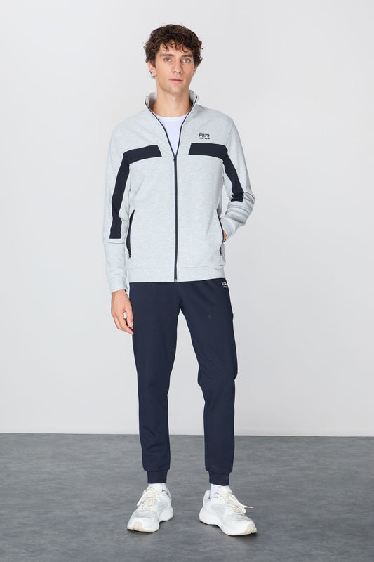 Navy Blue-Green Textured Surface Standard Fit Embroidered Men's Tracksuit Set - 85248