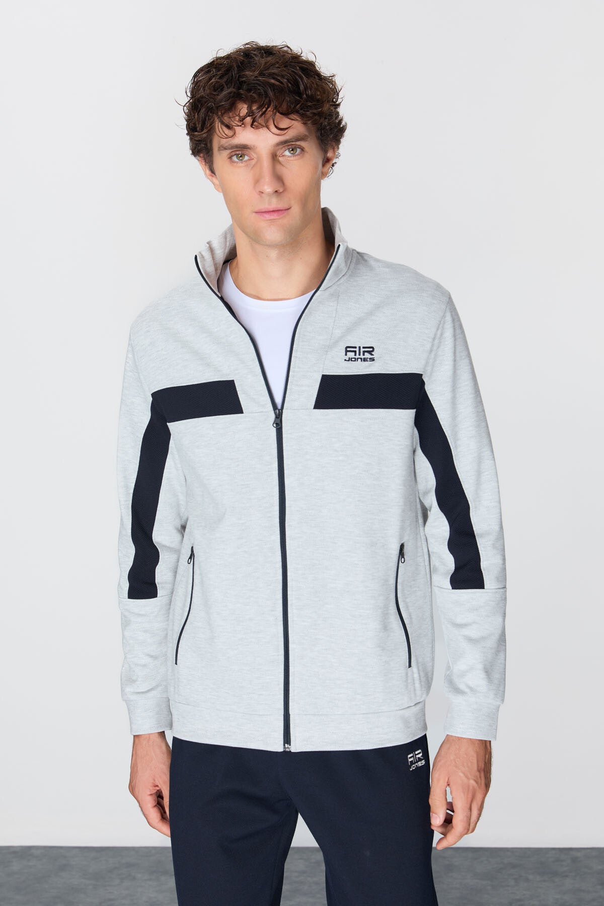 Navy Blue-Green Textured Surface Standard Fit Embroidered Men's Tracksuit Set - 85248