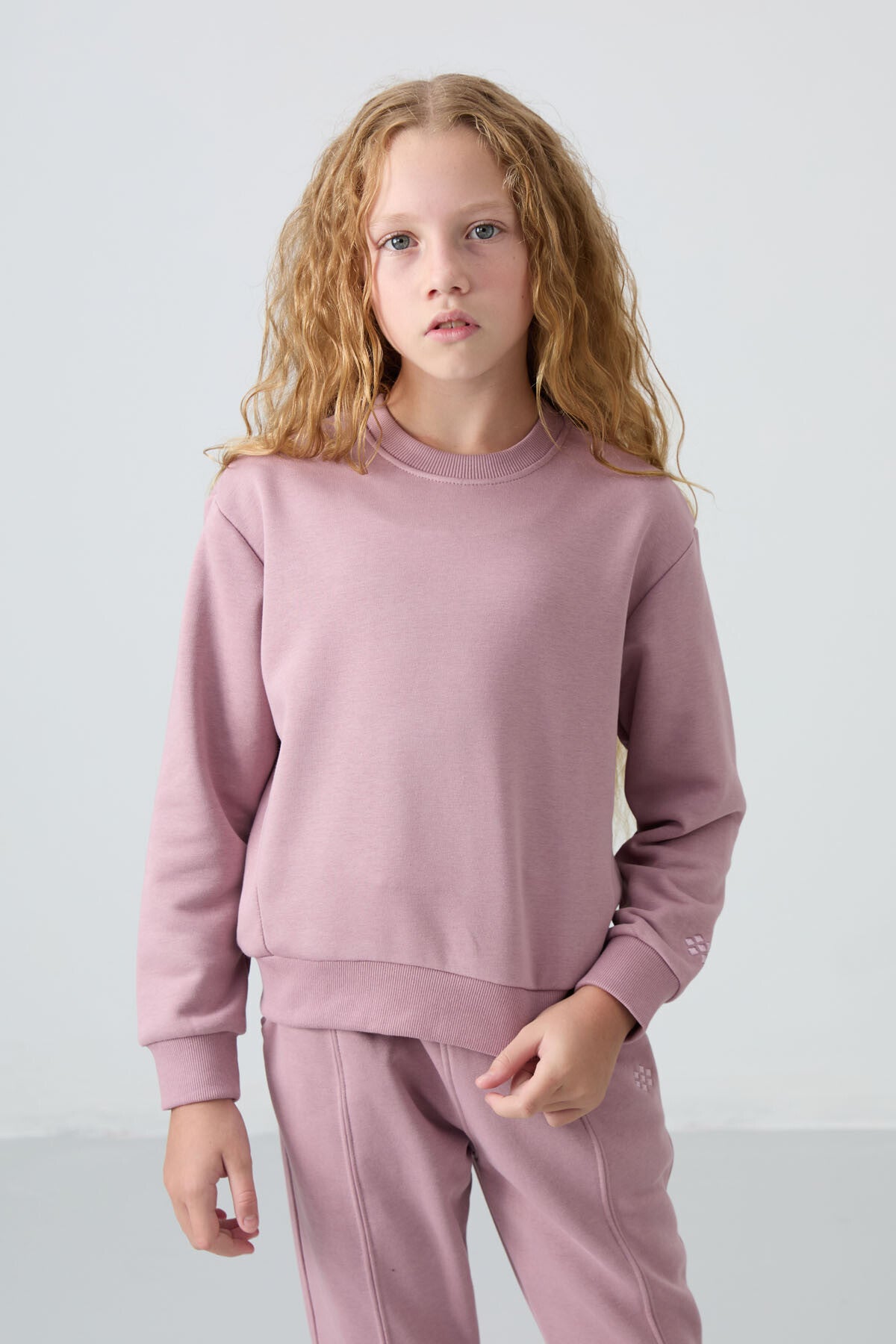 Dried Rose Cotton Fleece-Lined Soft Textured Oversize Embroidered Girls' Tracksuit Set - 75145