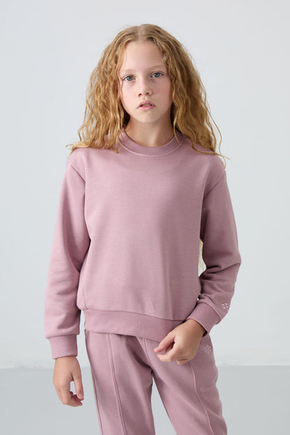Dried Rose Cotton Fleece-Lined Soft Textured Oversize Embroidered Girls' Tracksuit Set - 75145