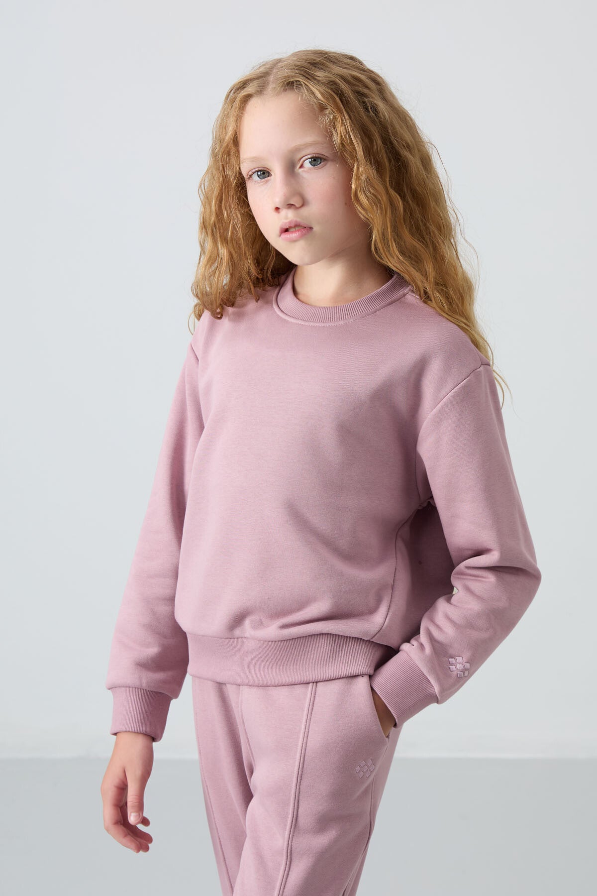 Dried Rose Cotton Fleece-Lined Soft Textured Oversize Embroidered Girls' Tracksuit Set - 75145