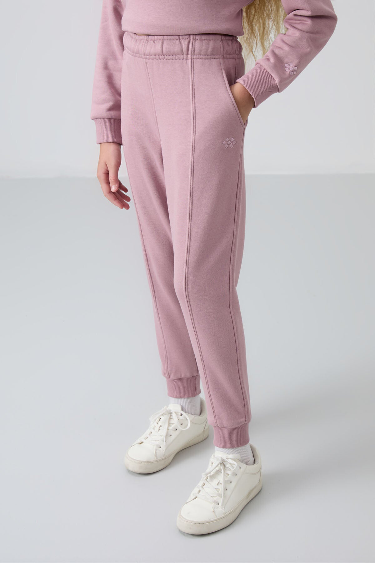 Dried Rose Cotton Fleece-Lined Soft Textured Oversize Embroidered Girls' Tracksuit Set - 75145