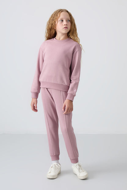 Dried Rose Cotton Fleece-Lined Soft Textured Oversize Embroidered Girls' Tracksuit Set - 75145