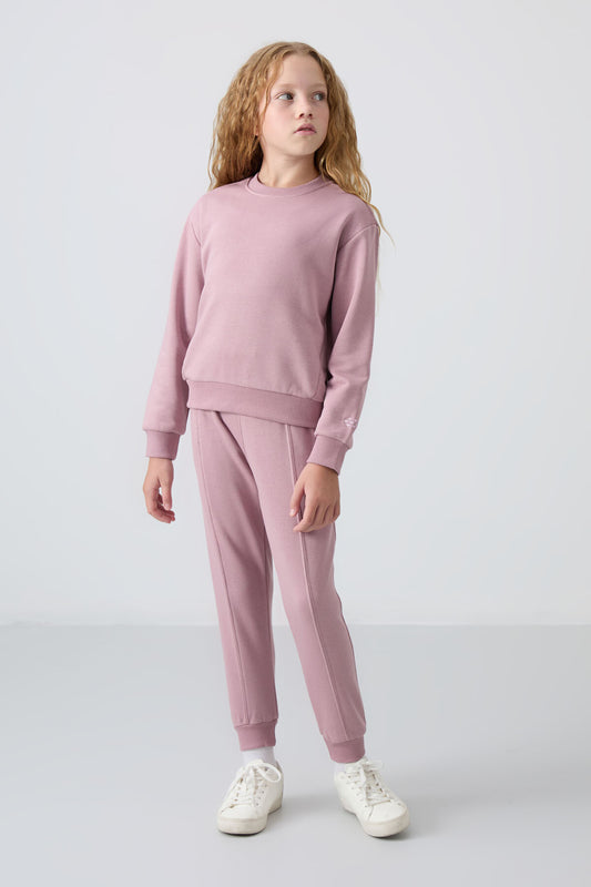 Dried Rose Cotton Fleece-Lined Soft Textured Oversize Embroidered Girls' Tracksuit Set - 75145