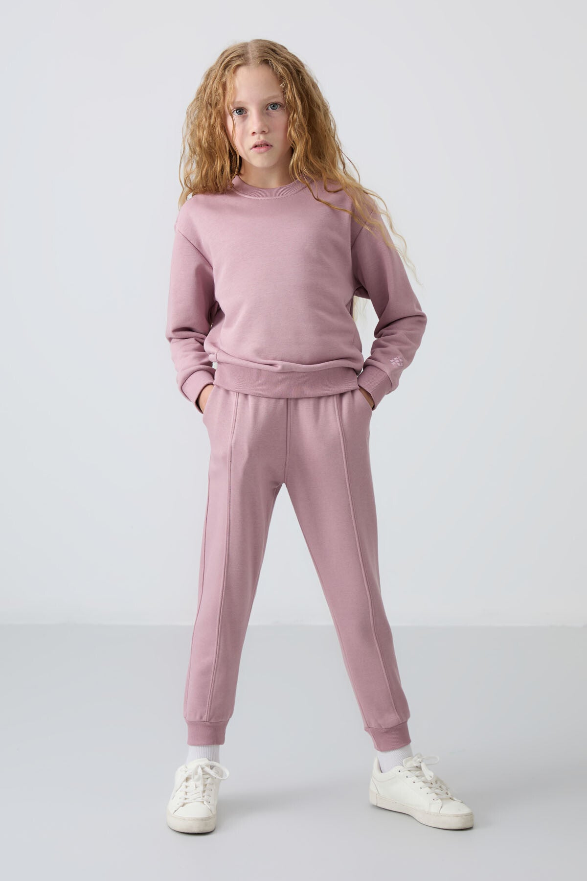 Dried Rose Cotton Fleece-Lined Soft Textured Oversize Embroidered Girls' Tracksuit Set - 75145