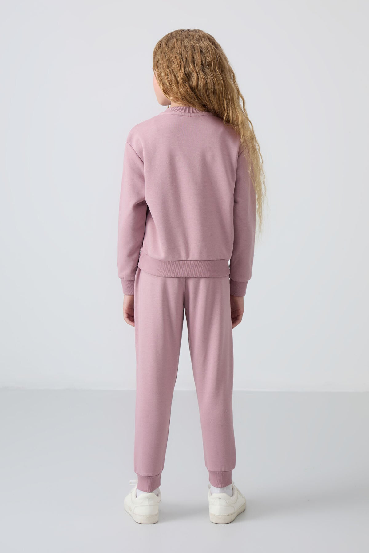 Dried Rose Cotton Fleece-Lined Soft Textured Oversize Embroidered Girls' Tracksuit Set - 75145